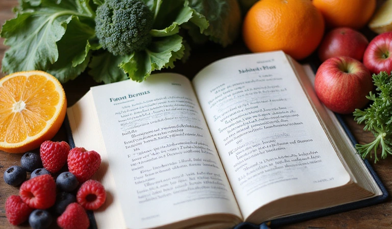 Ein offenes Buch neben frischem Obst und Gemüse, symbolisiert Wissen und gesunde Ernährung.
