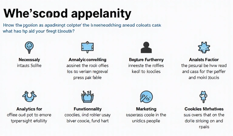 Eine detaillierte Infografik, die die verschiedenen Typen von Cookies und ihre Funktionen erklärt, mit klaren Symbolen für Notwendigkeit, Analyse, Funktionalität und Marketing.