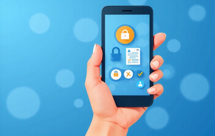 Hand hält ein Smartphone mit Datenschutz-Symbolen über einem blauen Hintergrund