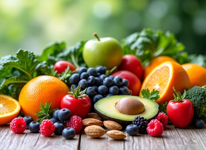 Frische, gesunde Lebensmittel wie Obst, Gemüse und Nüsse in einer ansprechenden Komposition